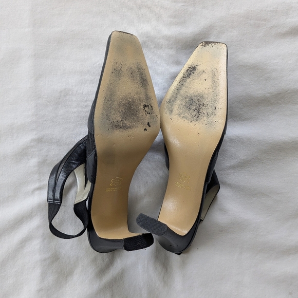 Vtg Black Leather Mesh Scalloped Cutout Heels Mules 10 - Picture 5 of 6